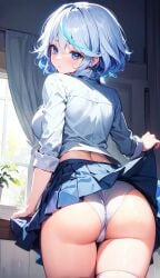 ai_generated alternate_costume ass blue_eyes blue_hair blush breasts cameltoe embarrassed female from_behind furina_(genshin_impact) genshin_impact looking_at_viewer looking_back medium_breasts panties shiny shiny_hair shiny_skin short_hair sideboob skirt skirt_hold skirt_lift solo