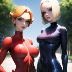 2girls ai_generated black_bodysuit blonde_hair female navel_visible_through_clothes nemus_waifu_generator orange_hair pooplool red_bodysuit short_hair slim slim_figure slim_girl tagme thin_female tight_clothing wasp_waist yellow_hair