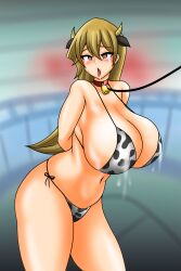 1girls alexis_rhodes bed bikini collar cow_horns cow_print_bikini slave treezero yu-gi-oh! yu-gi-oh!_gx