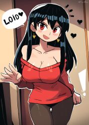 1girls asian big_breasts black_hair breasts collarbone earrings english_text female female_only heart light-skinned_female light_skin loid_forger looking_at_another open_mouth red_eyes smooth_skin solo speech_bubble spy_x_family tony_welt watermark yor_briar yor_forger