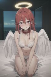 1girls ai_generated angel_devil_(chainsaw_man) bed bedroom before_sex blush bra chainsaw_man collar embarrassed genderswap_(mtf) halo horny kneeling looking_at_viewer medium_breasts panties partially_nude petite red_collar red_eyes red_hair rule_63 seductive shy thighs underwear wings