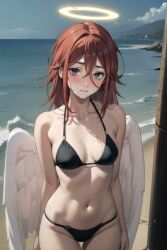 1girls ai_generated angel_devil_(chainsaw_man) beach blush chainsaw_man embarrassed genderswap_(mtf) halo looking_at_viewer medium_breasts nude partially_nude petite red_eyes red_hair rule_63 seductive shy standing thighs wings