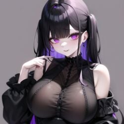 1girl 1girls ai_generated big_boobs big_breasts black_clothing bust busty dark_hair female gray_background grey_background large_breasts massive_breasts multicolored_hair nemus_waifu_generator pale_skin plump_breasts pooplool purple_eyes simple_background sole_female solo solo_female tagme twintails two_tone_hair two_tone_hair_(blackandpurple)