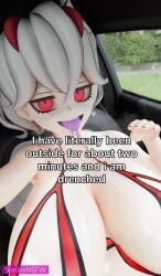 1girls 3d 3d_(artwork) beelzebub_(helltaker) big_breasts breasts busty caption demon demon_girl female female_only freckles helltaker horns huge_breasts large_breasts light-skinned_female light_skin massive_breasts painted_nails red_eyes saliva selfie sonivvnsfw tongue_out vehicle white_hair