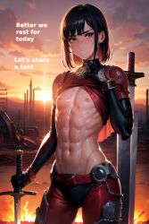 1boy abs ai_generated black_hair caption english_text femboy fire male male_only nipples pecs ruins self_upload shirtless sky solo sun sunset sweat sword text trap wasteland