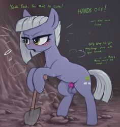 1:1 absurd_res balls blush bodily_fluids chastity_cage chastity_device cutie_mark dialogue dripping earth_pony equid equine eyelashes feral friendship_is_magic ftg_crossgender fti_crossgender genital_fluids genitals grey_body grey_hair grey_mane grey_tail gynomorph hair hasbro heart hi_res holding_object holding_shovel holding_tool horse intersex limestone_pie_(mlp) looking_away mammal mane musk_clouds my_little_pony open_mouth pony precum precum_drip quadruped rear_view rule_63 shovel simple_background solo t72b tail talking_feral talking_to_viewer tan_background text tools tsundere yellow_eyes