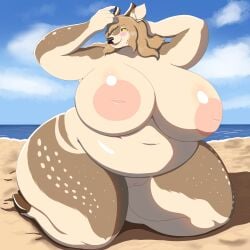 1:1 absurd_res anthro belly big_breasts big_nipples black_nose blush breasts brown_hooves brown_horn cloud deer female fur genitals hair hi_res hooves horn innie_pussy inverted_nipples kneeling mammal myriadmood navel nipples outside overweight overweight_anthro overweight_female pink_nipples pussy solo tan_body tan_fur tan_hair yellow_eyes