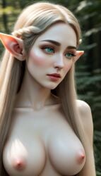 ai_generated big_breasts blonde_female blonde_hair blonde_hair close-up elf elf_ears elf_female elf_girl elf_princess fantasy forest_background green_eyes long_hair