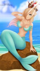 1girls blonde_hair blue_tail breasts female female_only hair_over_one_eye mario_(series) mermaid nidavellirstudios nintendo princess_rosalina sitting solo super_mario_galaxy tagme