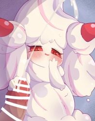 alcremie bar_censor blush bodily_fluids censor_bar censored cum duo ejaculation erection generation_8_pokemon genital_fluids genitals hi_res himimi human male mammal nintendo penis pokemon pokemon_(species) red_eyes semi-anthro smile white_body