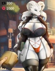 2d anthro belly_button big_breasts blue_eyes breasts cameltoe cleavage collar detailed_background dragon dragoness female_dragon female_pokemon highres huge_breasts humanized large_breasts legendary_pokémon looking_at_viewer nintendo pink_lipstick pokémon_(species) pokemon punk punk_girl pussy reshiram spiked_collar starberyl thick_thighs thighhighs white_body white_hair wide_hips