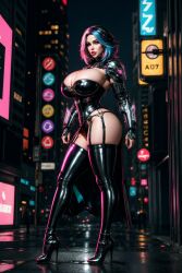 ai_generated big_breasts busty corset cybernetic_limb cybernetics cyberpunk garter_straps headgear heels high_heels huge_breasts jamesdeanbooba legwear original_character stable_diffusion standing straps thick_thighs wide_hips