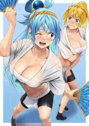 2girls aqua_(konosuba) bhive003 black_shorts blonde_hair blue_eyes blue_hair covering_self dancing darkness_(konosuba) excited female female_only hair_ornament hand_fan happi headband izawa_(bhive003) kono_subarashii_sekai_ni_shukufuku_wo! multiple_girls nervous scared sweat sweatdrop sweating sweaty sweaty_body sweaty_breasts sweaty_clothes wet_clothes wet_hair white_clothing yamakasa