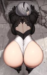 1girls akitsuki_karasu ass ass_focus back backboob bent_over blindfold boots breasts commander_(nikke) crossover fit_female goddess_of_victory:_nikke hourglass_figure huge_ass inviting inviting_to_sex large_breasts leotard light-skinned_female looking_back mature_female nier:_automata plump_ass presenting presenting_hindquarters rock short_hair slim_waist solo solo_female solo_focus thick_thighs thigh_boots thighhighs variant white_hair wide_hips yorha_2b