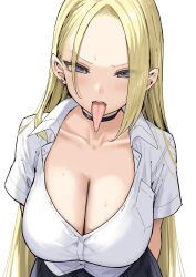 1girls 2023 absurd_res blonde_hair blue_eyes blush breasts choker cleavage earrings eyebrows_visible_through_hair eyes_visible_through_hair female female_only gyaru highres huge_breasts jewelry joshi_kōsei_rich_thots large_breasts long_hair looking_at_viewer open_mouth original pleated rena_(sky_(freedom)) saliva saliva_drip school_uniform shirt simple_background skirt sky_(freedom) solo standing sweat teeth tongue tongue_out very_long_hair white_background white_shirt