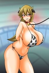 1girls alexis_rhodes bed bikini collar cow_horns cow_print_bikini slave treezero yu-gi-oh! yu-gi-oh!_gx