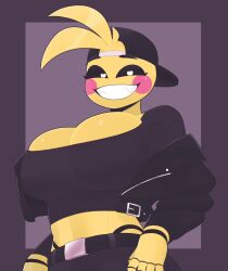 abs black_clothing cap cleavage_overflow clothed exqmaster five_nights_at_freddy's heart-shaped_pupils leather_jacket looking_at_viewer massive_breasts round_breasts shiny_skin toothy_smile toy_chica_(fnaf) yellow_body