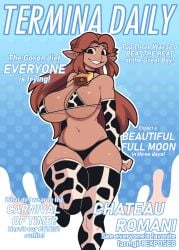 1girls 2023 bikini breasts cow_print cow_print_bikini cowbell cremia elbow_gloves female female_only huge_breasts inkplasm magazine_cover majora's_mask nintendo pointy_ears smile smiling solo solo_female tan_body tan_skin text the_legend_of_zelda thighhighs thighs welwraith