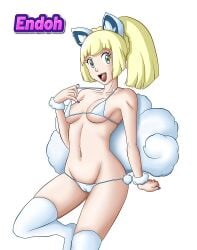 1girls alolan_vulpix_(cosplay) bikini blonde_hair breasts endoh69 female green_eyes light-skinned_female light_skin lillie_(pokemon) nintendo pokemon pokemon_sm pussy_visible_through_clothes regional_form_(pokémon) small_breasts solo thighhighs thighs vulpix_(cosplay) yellow_hair