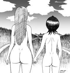 2girls armpits arms_at_sides ass back backboob black_hair bleach breasts casual clothes_removed completely_nude curvy dated day dimples_of_venus female female_focus fingernails fingers friends from_behind height_difference highres holding_hands huge_ass human inoue_orihime kuchiki_rukia legs long_hair medium_hair monochrome multiple_girls nature neck nude nudist orange_hair outdoors pale_skin parted_bangs shoulder_blades sidelocks signature sketch sky small_breasts standing thigh_gap thighs walkingdeadmann