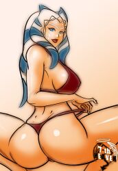 1girls 7th-heaven ahsoka_tano alien ass big_breasts bikini blue_eyes breasts butt female female_only jedi lipstick looking_back orange_skin panties shiny_skin smile solo star_wars tentacle_hair thick_ass thong togruta wide_hips