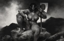 abs axe barbarian battle_axe bearded_axe big_breasts black_and_white breasts female genitals grayscale greyscale hair hi_res huge_breasts humanoid humanoid_genitalia humanoid_pointy_ears humanoid_pussy justsomenoob long_hair monochrome muscular muscular_female muscular_humanoid nude orc orc_female pubes pussy solo tusks warrior