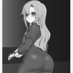 1girls ass ass ass_focus black_and_white clothed dress female female_only greyscale huge_ass huge_butt ib kaxiota looking_at_viewer mary_(ib) monochrome solo solo_female