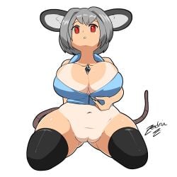 absurd_res animal_humanoid asian_mythology big_breasts breasts buckteeth cleavage clothed clothing east_asian_mythology female genitals grey_hair hair hi_res huge_breasts huge_thighs humanoid japanese_mythology kneeling looking_at_viewer mammal mammal_humanoid murid murid_humanoid murine murine_humanoid mythology navel nazrin pendant pussy rat_humanoid red_eyes rodent rodent_humanoid signature simple_background solo suntan tail tan_line teeth text thick_thighs touhou wide_hips yokai zedrin