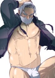 absol_(dkqthf) balls bara beard bulge drayden facial_hair gay hand_on_head jacket jacket_open male male_only muscles muscular nintendo open_jacket penis pokemon solo solo_male sweat sweating sweating_profusely thong underwear white_hair white_hair_male