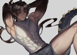 1boy 2023 abs arknights arms_up bare_shoulders boner breasts brown_hair chong_yue_(arknights) dragon_horns dragon_tail hi_res horns kikanoe light_skin looking_at_viewer lying male_only muscular muscular_male pointy_ears red_eyes simple_background smile solo tail