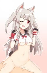 1boy animal_ears azur_lane bottomless bow braid breasts claw_pose cowgirl_position crop_top crop_top_overhang female grey_hair highres non-web_source pussy red_bow red_eyes sex shirt smile straddling tail uncensored underboob vaginal_penetration white_shirt wolf_ears wolf_girl wolf_tail yuudachi_(azur_lane)