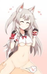 1boy animal_ears azur_lane bottomless bow braid breasts claw_pose cowgirl_position crop_top crop_top_overhang female grey_hair heart highres non-web_source pussy red_bow red_eyes sex shirt smile straddling tail uncensored underboob vaginal_penetration white_shirt wolf_ears wolf_girl wolf_tail yuudachi_(azur_lane)