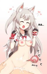 1boy animal_ears azur_lane bottomless bow breasts claw_pose cowgirl_position crop_top crop_top_overhang cum cum_in_pussy cum_overflow female grey_hair highres non-web_source red_bow red_eyes sex shirt straddling tail translated vaginal_penetration white_shirt wolf_ears wolf_girl wolf_tail x-ray yuudachi_(azur_lane)