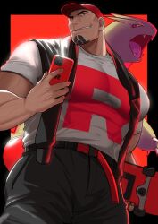 absol_(dkqthf) bara cliff_(pokemon) facial_hair fully_clothed gay male male_only muscles muscular nintendo phone pokemon pokemon_(species) solo solo_male team_rocket tyranitar