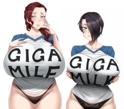 2girls ayako_(twrlare) bakunyuu biting_lip black_panties black_underwear blue_sleeves blush breasts clothes_writing collarbone commentary cowboy_shot english_commentary eyes_visible_through_hair facing_viewer female female_focus female_only giga_milk huge_breasts light-skinned_female light_skin looking_at_viewer mature_female mega_milk meme_attire milf mole mole_under_eye mother_and_daughter no_pants original original_character panties pantyshot pink_eyes ponytail red_hair saya_(twrlare) short_sleeves simple_background solo source_quote_parody t-shirt thigh_gap twrlare underwear voluptuous voluptuous_female white_background white_shirt wide_hips