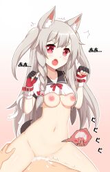 1boy animal_ears azur_lane bottomless bow breasts claw_pose cowgirl_position crop_top crop_top_overhang cum cum_in_pussy cum_overflow female grey_hair highres non-web_source red_bow red_eyes sex shirt straddling tail vaginal_penetration white_shirt wolf_ears wolf_girl wolf_tail x-ray yuudachi_(azur_lane)