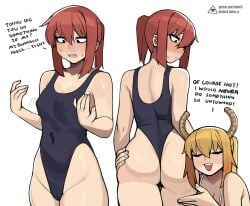 2girls ass ass_grab ass_worship cameltoe donburikazoku english_text female female_only head_on_ass highleg horny kobayashi kobayashi-san_chi_no_maidragon miss_kobayashi's_dragon_maid multiple_girls one-piece_swimsuit ponytail red_hair small_breasts swimsuit text thong_leotard tohru_(dragon_maid) yuri