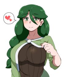 1girls big_breasts breasts cheryl_(pokemon) eyebrows_visible_through_hair female female_only green_eyes green_hair hair_between_eyes long_hair looking_at_viewer mantan nintendo pokemon pokemon_dppt simple_background speech_bubble tagme text_bubble white_background