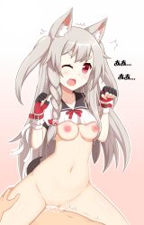 1boy animal_ears azur_lane bottomless bow breasts claw_pose cowgirl_position crop_top crop_top_overhang cum cum_in_pussy cum_overflow female grey_hair highres non-web_source red_bow red_eyes sex shirt straddling tail vaginal_penetration white_shirt wolf_ears wolf_girl wolf_tail yuudachi_(azur_lane)