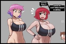 2girls alternate_hair_color belly belly_button big_breasts breast_comparison breast_envy breast_size_comparison breast_size_difference breasts busty colored_hair comparing_breasts english_text female female_only gigantic_breasts glasses huge_breasts julie_powers kim_pine kingjnar large_breasts light-skinned_female light_skin medium_support_(meme) out-of-frame_censoring pink_hair ramona_flowers red_hair scott_pilgrim sports_bra text tummy waist