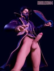 belt black_hair circumcised cloak cloak_only covered_mouth epic_games fortnite fortnite:_battle_royale gay handsome kohlex lorenzo_(fortnite) mask no_panties no_underwear nsfw partially_clothed penis purple_clothing solo solo_male squint squinted_eyes sword testicles