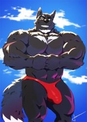 2023 abs anthro arm_scar beard black_body black_fur blue_sky bulge canid canine canis clothed clothing cloud deltoids eye_markings facial_hair fist fists_together flexing_both_biceps flexor_carpi fur hair hi_res looking_at_viewer male mammal markings muscular muscular_anthro muscular_male muscular_thighs outside pecs red_clothing red_thong red_underwear scar signature silver_fang sky smile solo taoren thong thong_only topless underwear underwear_only white_hair white_marking white_tail_tip wolf yellow_eyes