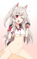 1boy animal_ears azur_lane bottomless bow braid breasts claw_pose cowgirl_position crop_top crop_top_overhang female grey_hair highres non-web_source open_mouth pussy red_bow red_eyes sex shirt straddling tail uncensored underboob vaginal_penetration white_shirt wolf_ears wolf_girl wolf_tail yuudachi_(azur_lane)