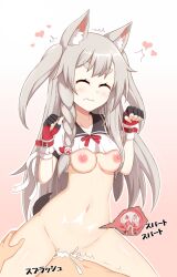 1boy animal_ears azur_lane bottomless bow breasts claw_pose closed_eyes cowgirl_position crop_top crop_top_overhang cum cum_in_pussy cum_overflow female fingerless_gloves grey_hair highres non-web_source ohno pigtails red_bow red_eyes sex shirt straddling tail twintails vaginal_penetration white_shirt wolf_ears wolf_girl wolf_tail x-ray yuudachi_(azur_lane)