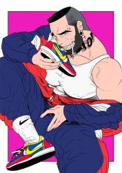 absol_(dkqthf) balls bara beard bulge facial_hair fully_clothed gay male male_only muscles muscular no_visible_genitalia penis shoe shoes sitting smell_fetish smelling_shoe solo solo_male tank_top tattoo