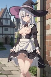 1girls ai_generated blue_eyes blush breasts elaina_(majo_no_tabitabi) looking_at_viewer maid maid_uniform majo_no_tabitabi medieval partially_nude petite public_nudity pussy showing_pussy skirt skirt_lift small_breasts smile thigh_gap thighs town uncensored white_hair witch_hat