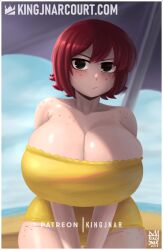 1girls beach big_breasts black_eyes blush blushing breasts busty dark_eyes female female_only freckles freckles_on_chest freckles_on_face freckles_on_shoulders gigantic_breasts huge_breasts kim_pine kingjnar large_breasts light-skinned_female light_skin red_hair scott_pilgrim swimsuit swimwear tomboy voluptuous