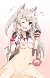 1boy animal_ears azur_lane bottomless bow breasts claw_pose cowgirl_position crop_top crop_top_overhang cum cum_in_pussy cum_overflow female grey_hair highres non-web_source red_bow red_eyes sex shirt smile straddling tail vaginal_penetration white_shirt wolf_ears wolf_girl wolf_tail x-ray yuudachi_(azur_lane)