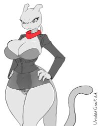 anthro big_breasts bottomwear breasts clothed clothing female female_mewtwo generation_1_pokemon genitals hands_on_hips legendary_pokemon mew_tuely_(fan_character) mewtwo milftwo nintendo no_underwear pokemon pokemon_(species) pussy scarf skirt solo translucent translucent_clothing undercooked_(artist)