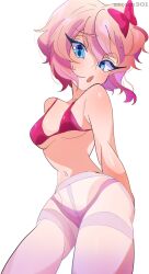 1girls aqua_eyes arms_behind_back bikini_top blush bow cowboy_shot doki_doki_literature_club eyebrows_visible_through_hair front_view hair_bow just_sayori mascara medium_breasts open_mouth panties pantyhose peach_hair red_bikini satoro301 sayori_(doki_doki_literature_club) simple_background skinny_waist solo sweatdrop tagme viewed_from_below white_background white_pantyhose